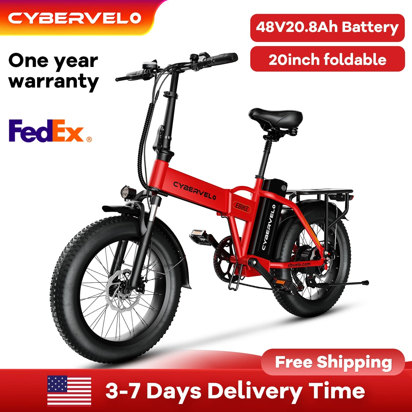 CYBERVELO 1000W Foldable Fat Tire Ebike With Removable Battery