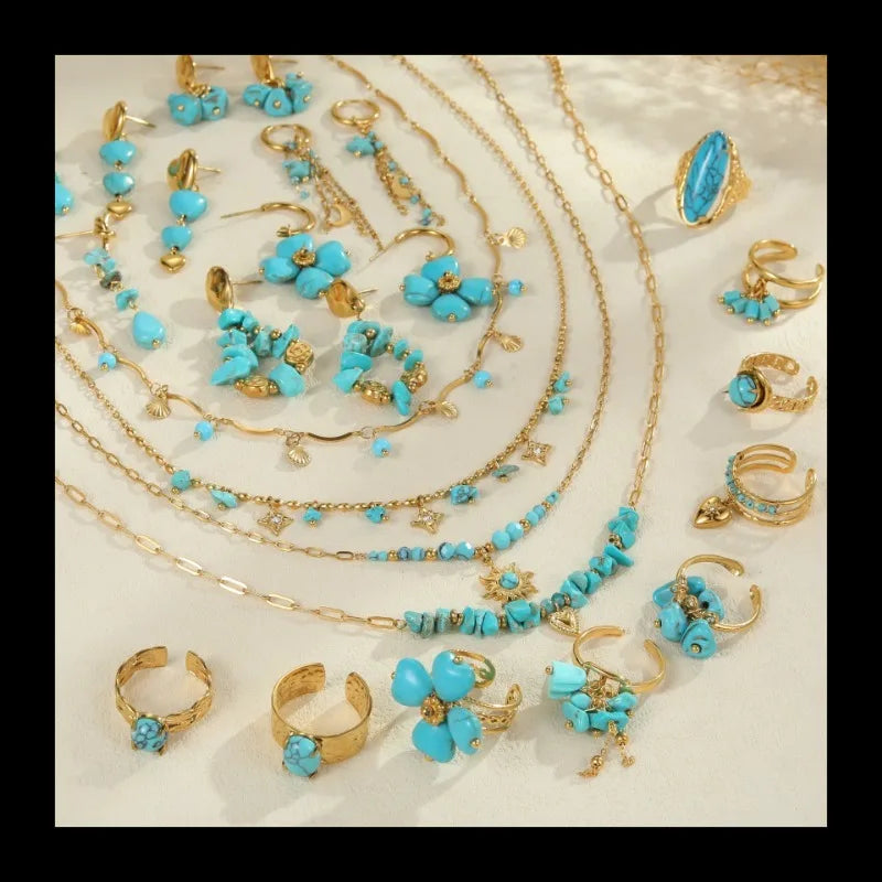 Popular Turquoise Natural Stone Necklace Light Luxury Ins Titanium Steel Ring Bohemian Earrings Jewelry Wholesale