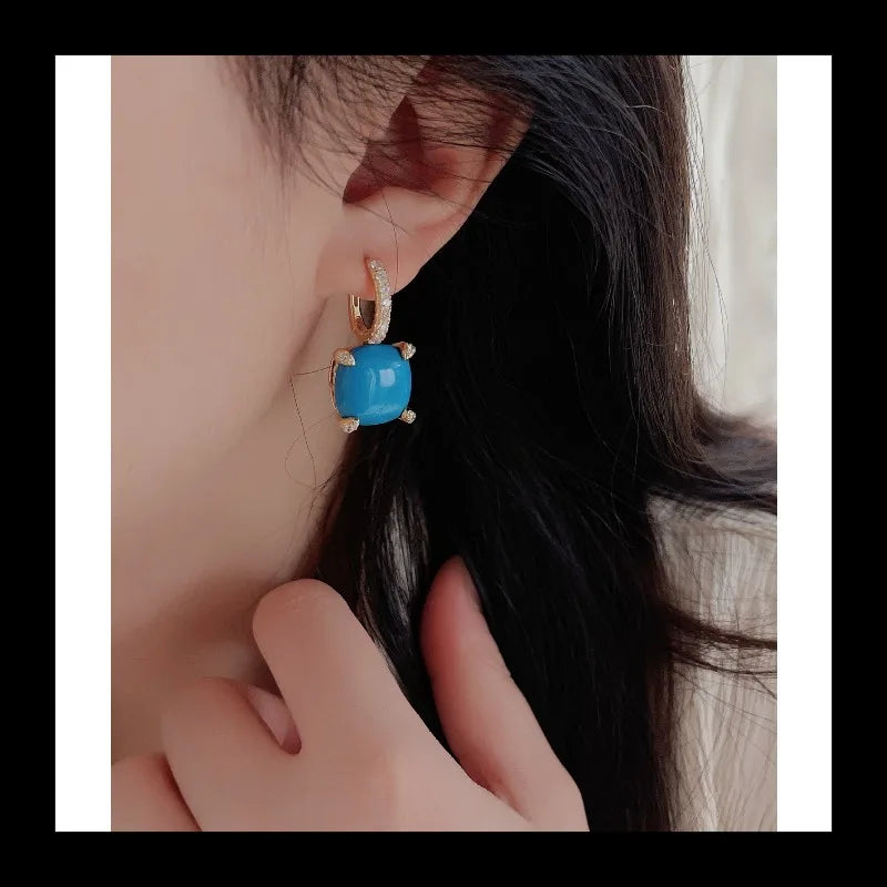 NONECN S925 Silver Square Turquoise Zircon Ear Buckle Earrings