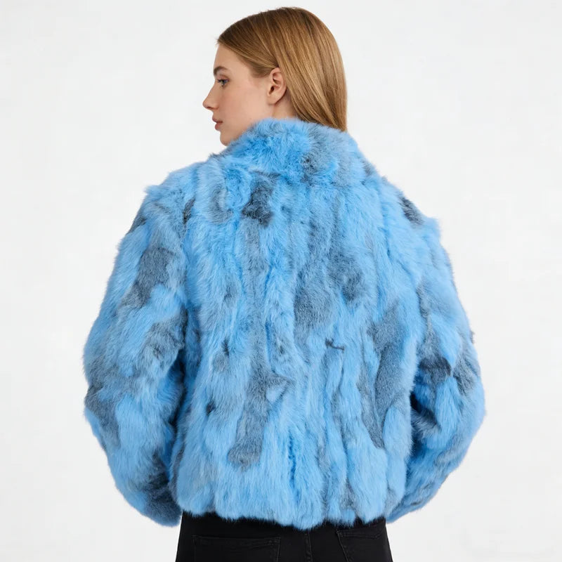Tonfur Mandarin Collar Rabbit Fur Patchwork Coat For Women