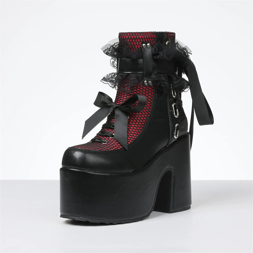 Y2k Gothic Short Boots Women Platform Chunky High Heels Bow Lace Decor Punk Fashion Women'S Ankle Boots Halloween Shoes Autumn W