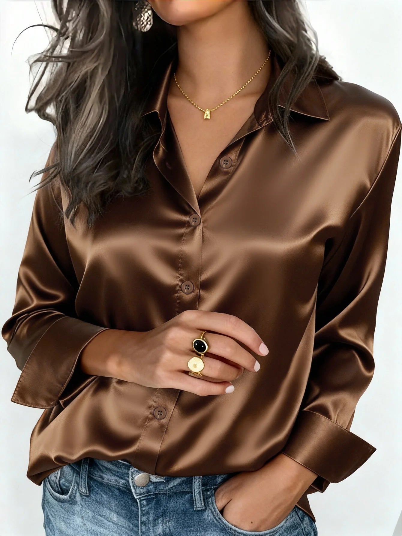 Elegant Satin Button Up Blouse For Office Or Casual Wear