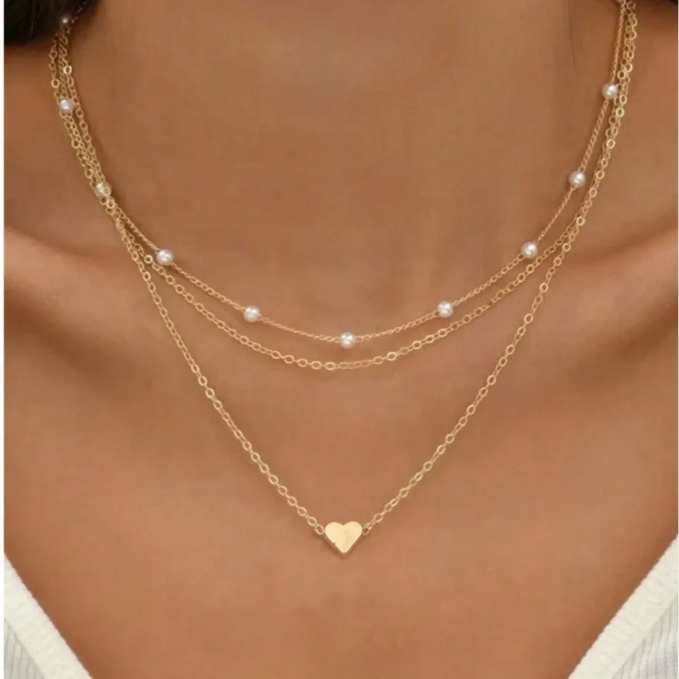 3Pcs Pearl Necklace Set 14K Gold Love Heart Pendant Jewelry