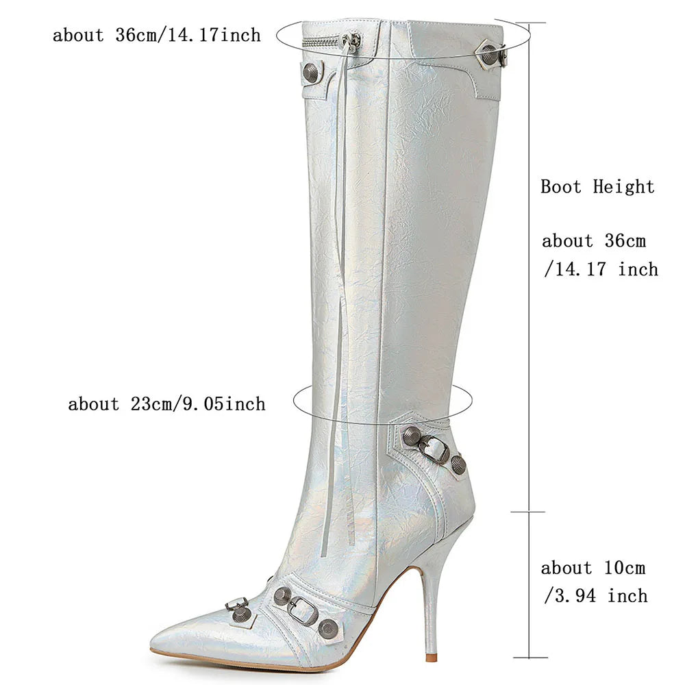 DoraTasia Stiletto Knee High Boots With Pointed Toe Back Zipper Tassel Rivet Fashion