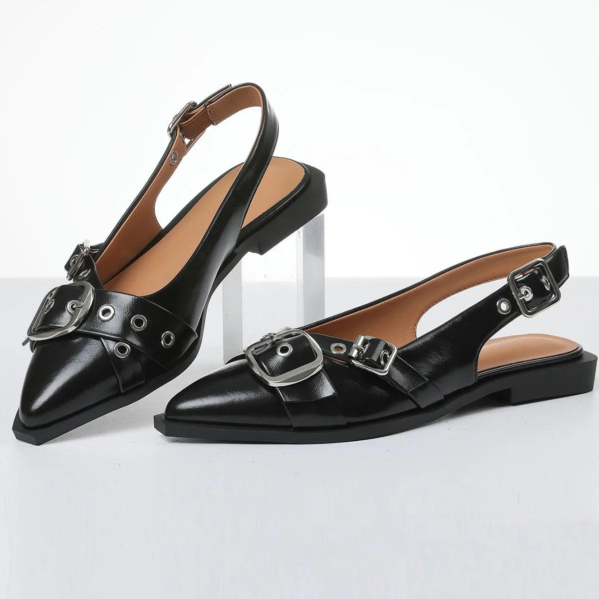 Fashion Womens Mary Jane Flats Pointed Toe Metal Buckle Slingback Falts Luxury Casual Low Heel Shoes Women