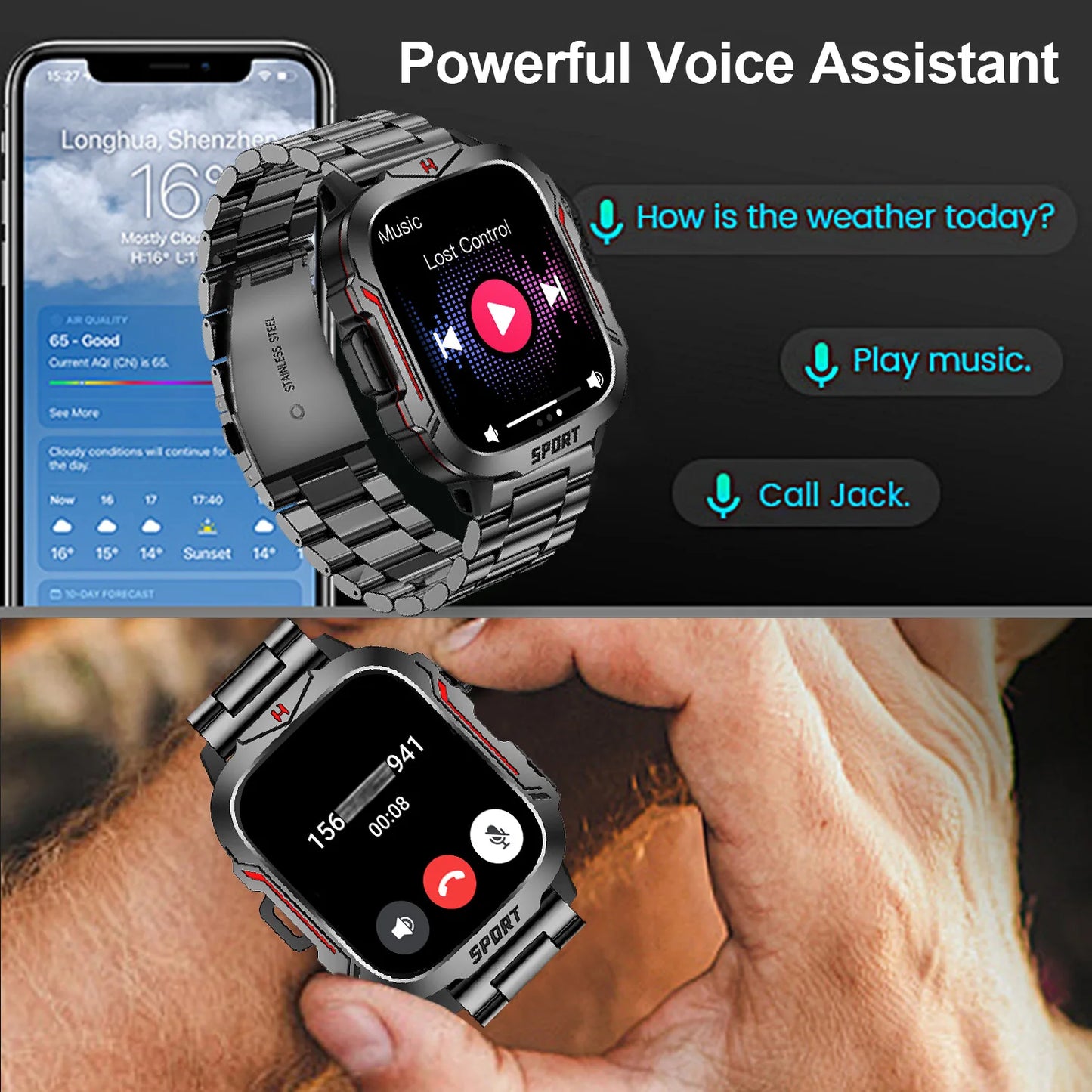 Strong Flashlight Smart Watch for Men/Women, 1.96'' Screen Fitness Tracker with AI Voice Assistant/ Bluetooth Call/ 100+Sports