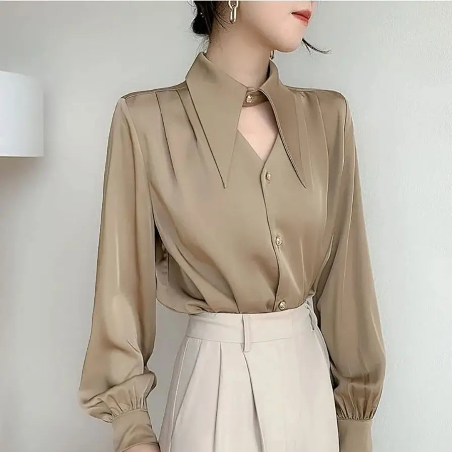 Satin Shirt Women Long Sleeve Button Down Office Blouse
