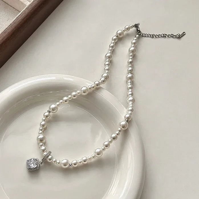Sterling Silver Zircon Pearl Square Pendant Necklace For Women