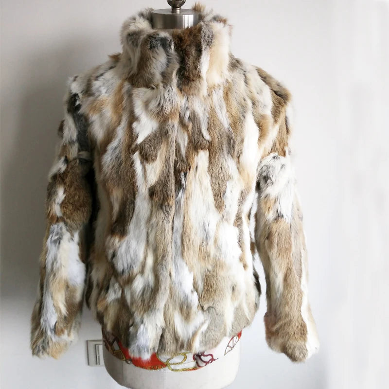 Tonfur Mandarin Collar Rabbit Fur Patchwork Coat For Women