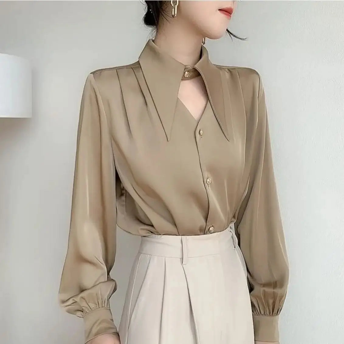 Satin Shirt Women Long Sleeve Button Down Office Blouse