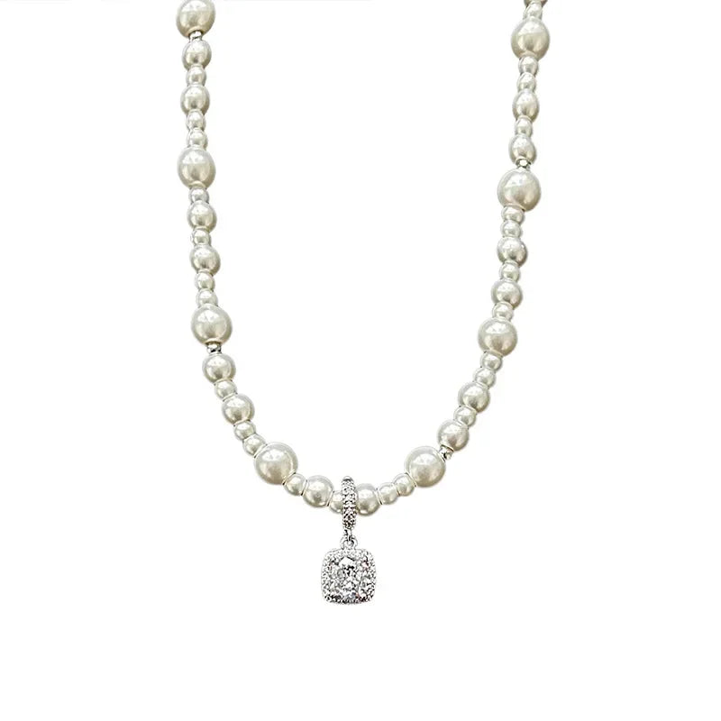Sterling Silver Zircon Pearl Square Pendant Necklace For Women