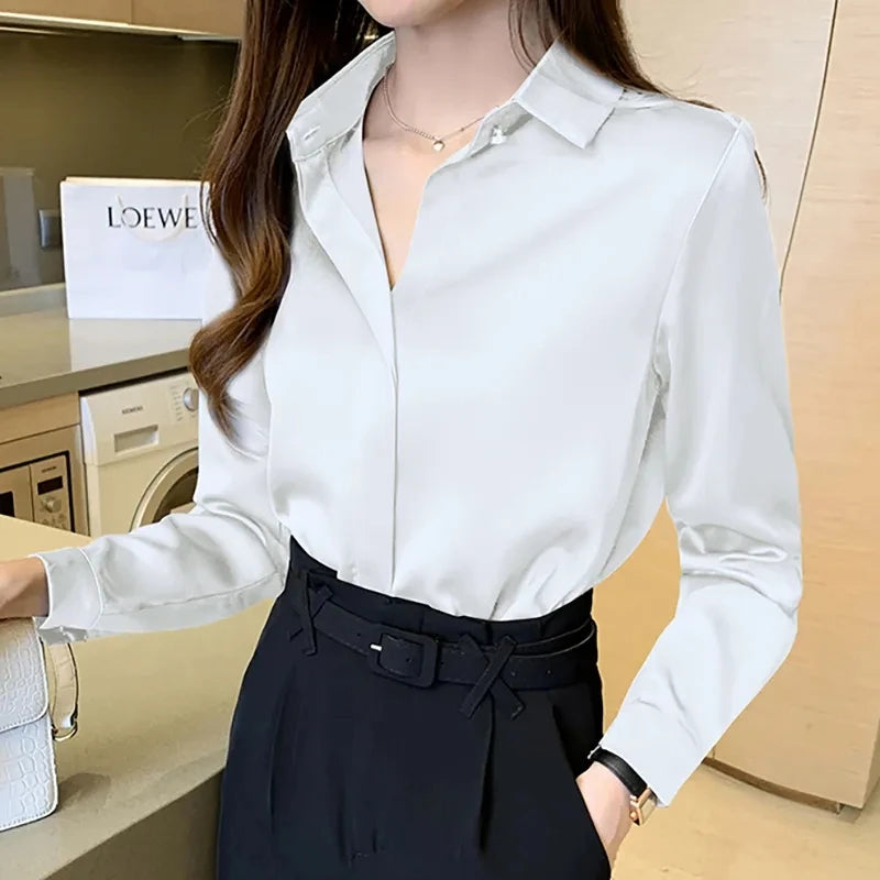 Satin Womens Shirt Long Sleeve Blouse Luxury Silk