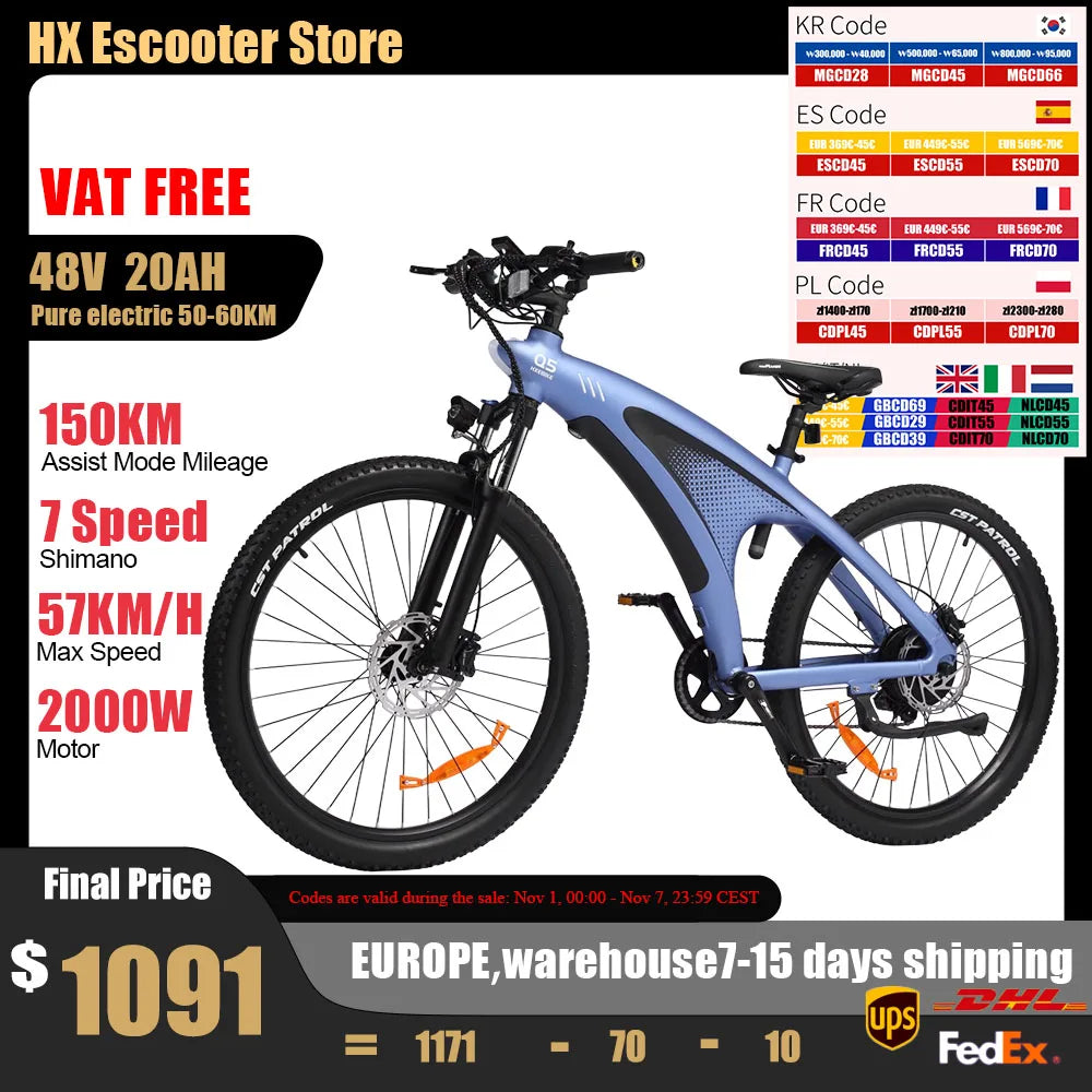 HUANCI HX Q5 2000W Electric Mountain Bike With Removable Battery Dual Hydraulic Brakes