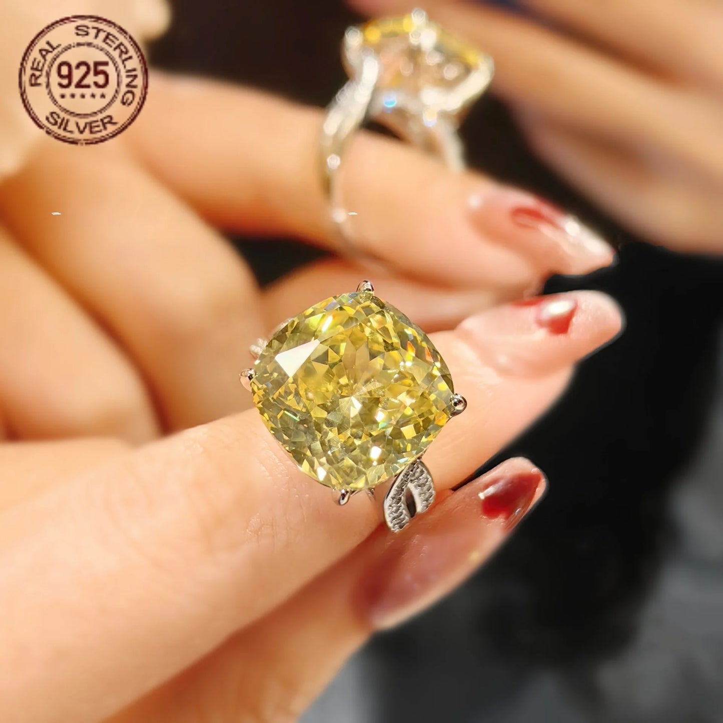 WPOOCC Cushion Cut Zircon Engagement Ring Silver 925 For Women