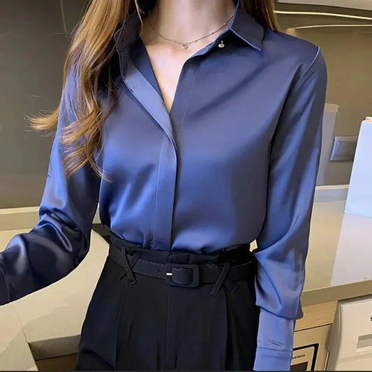 Satin Womens Shirt Long Sleeve Blouse Luxury Silk