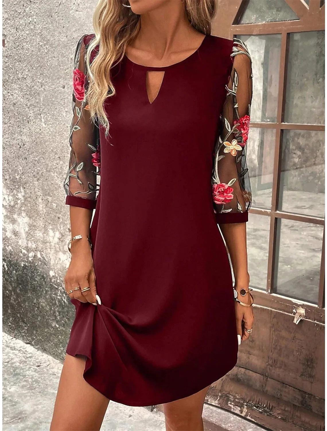 Women Perspective Printed Mid Sleeve Round Neck Dress