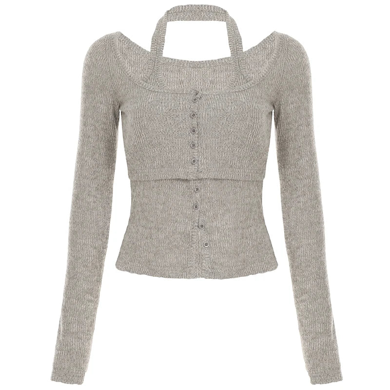 Sweetown Women's Halter Top and Long Sleeve Blouse Set