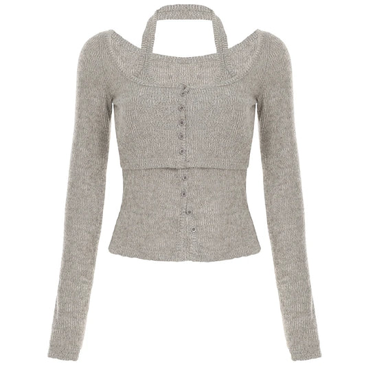 Sweetown Women's Halter Top and Long Sleeve Blouse Set