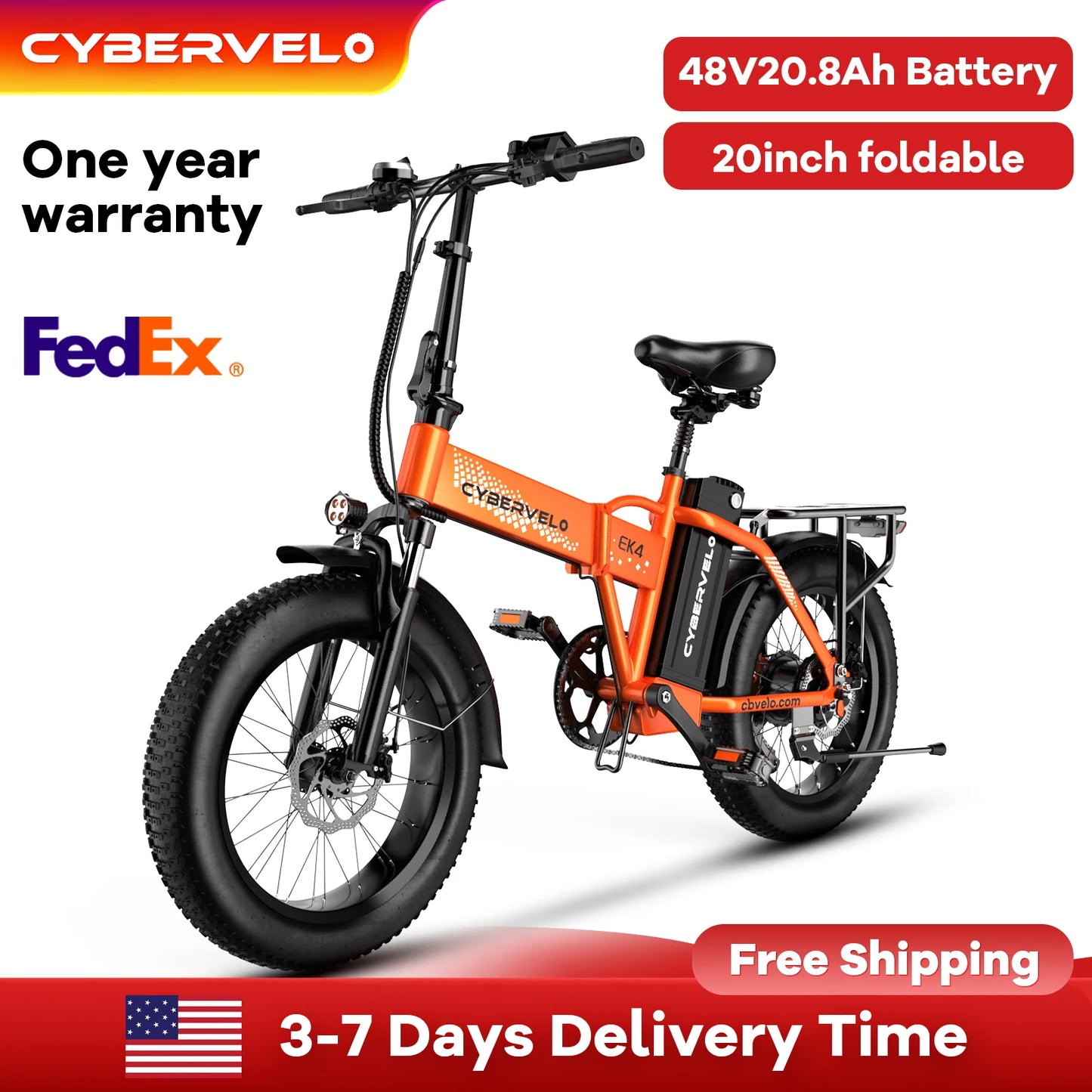 CYBERVELO 1000W Folding Electric Bike with 48V Battery 30 MPH