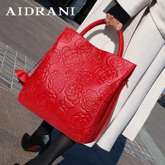 Aidrani Genuine Leather Womens Handbag Large Capacity Floral Print Cowhide For Everyday Use