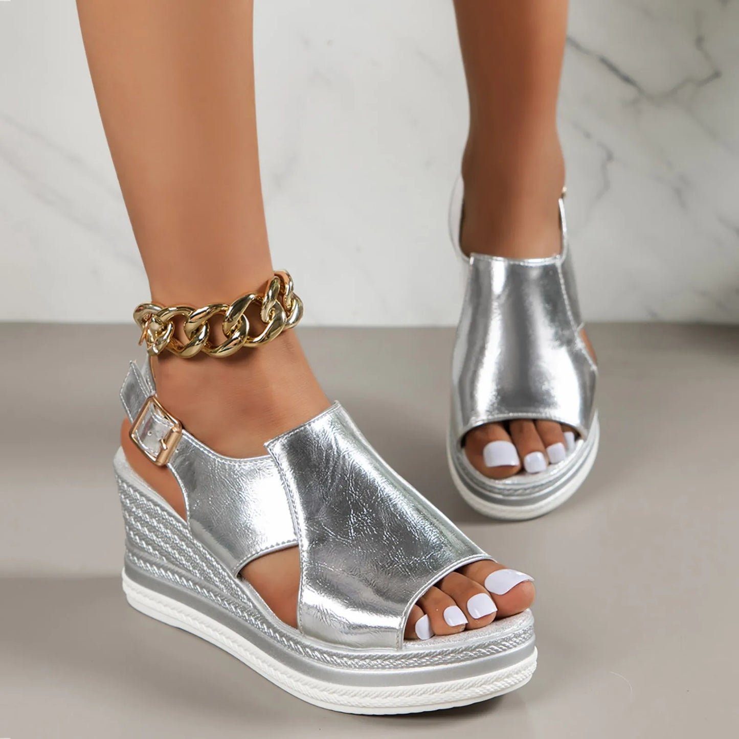 Summer Bohemian Sandals Women Metallic Slingback Wedge Sandals Glamorous Shoes Wedge Shoes Zapatos De Damas EnvíO Gratis