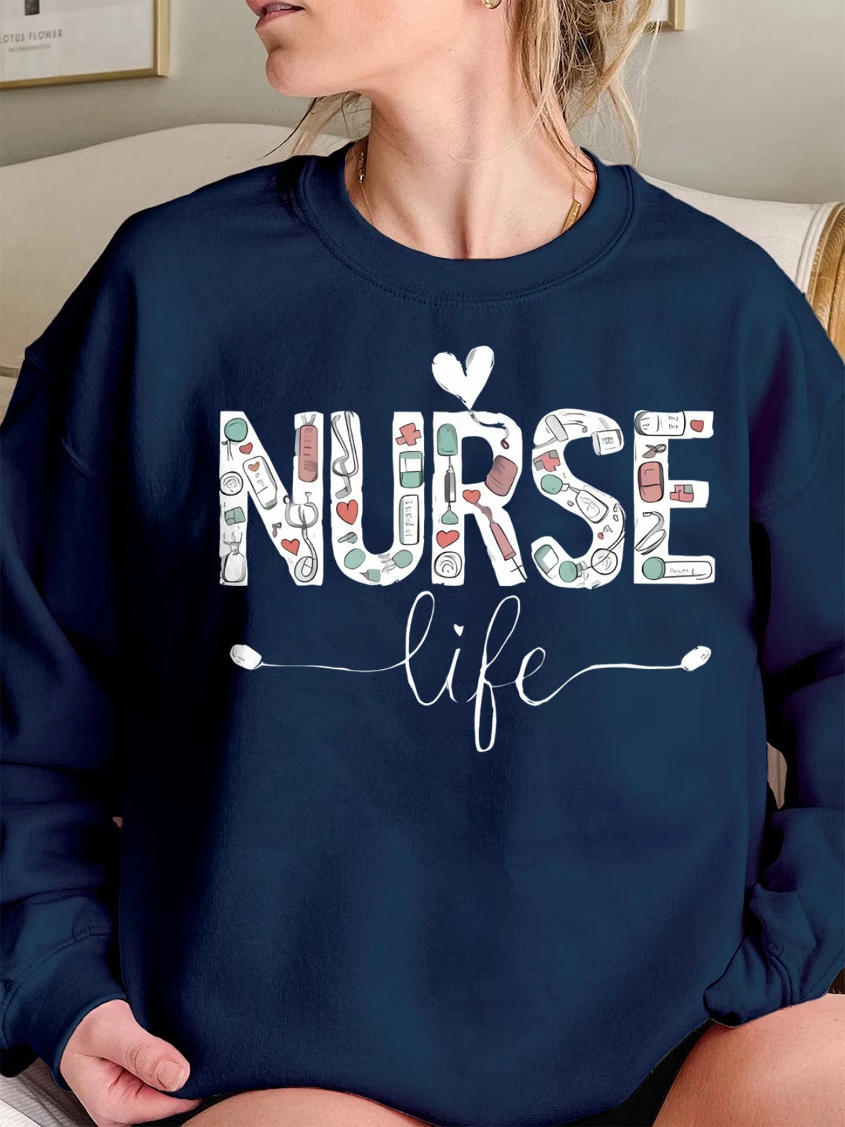 Cotton Crew Neck Sweatshirt Women Nurse Life Print Hoodie