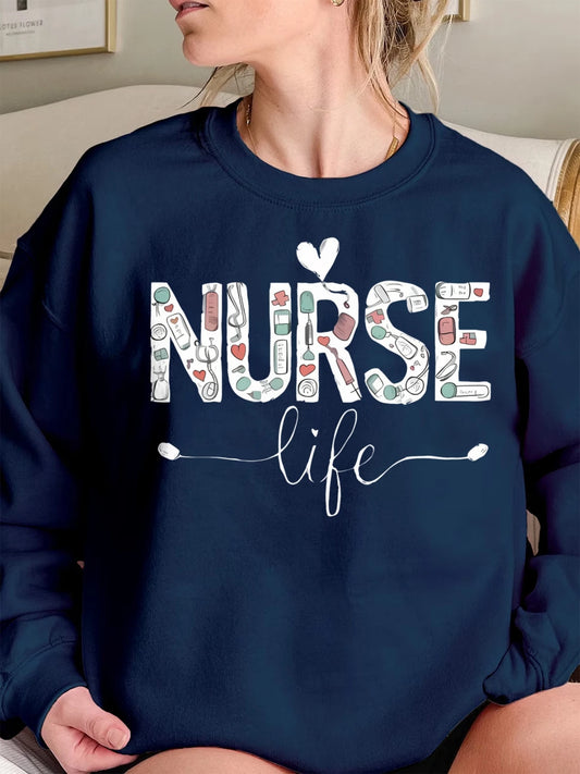 Cotton Crew Neck Sweatshirt Women Nurse Life Print Hoodie
