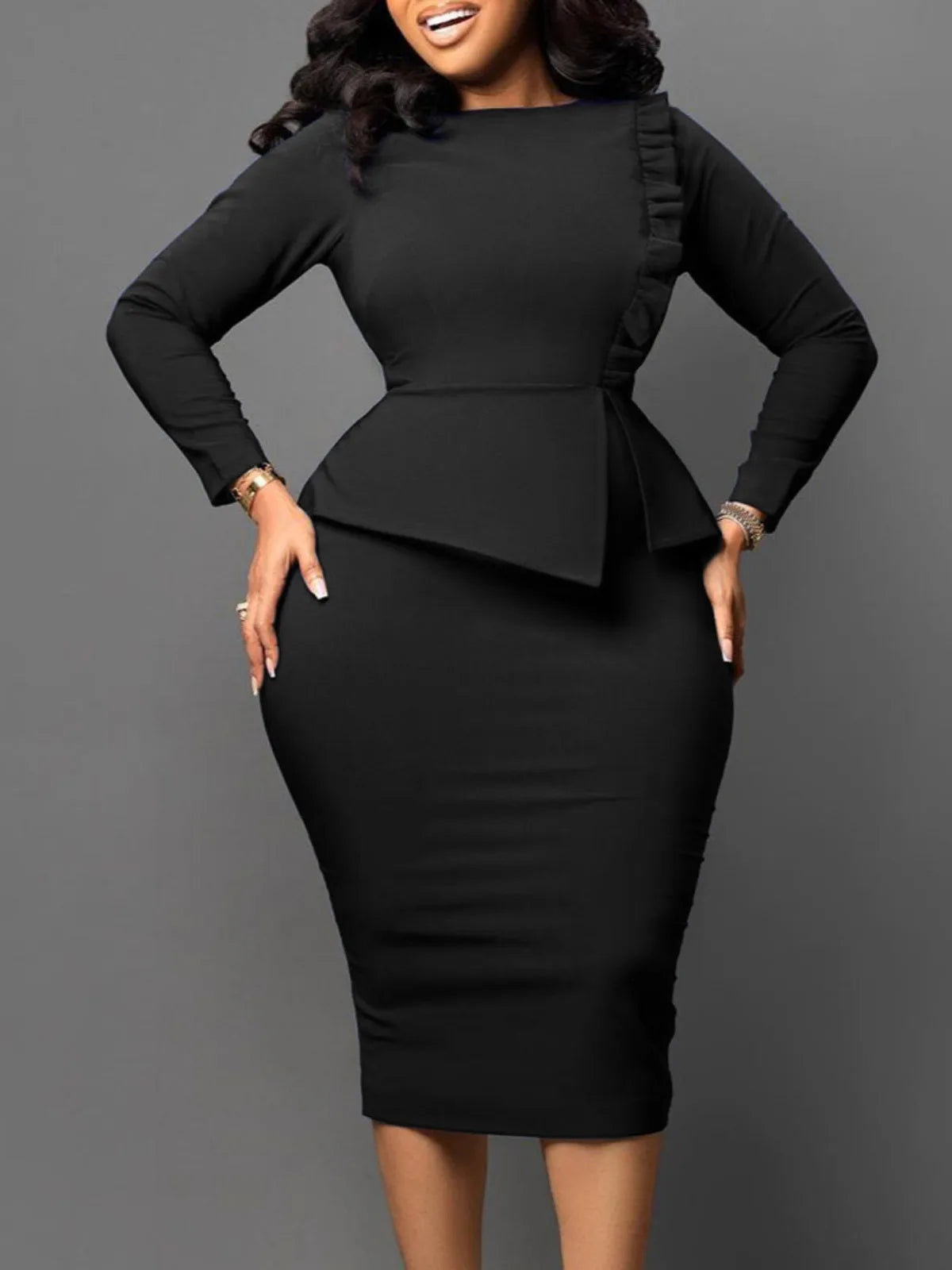 Women Ruffle Long Sleeve Hip Hugging Dress