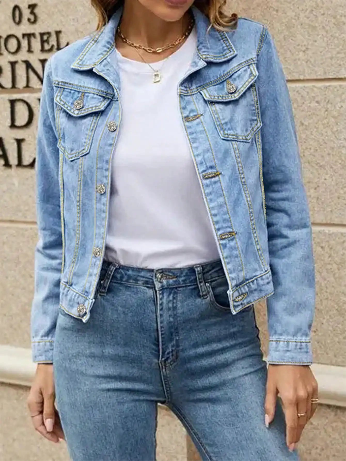 Womens Denim Jacket With Single Button Pockets Casual Everyday Wear