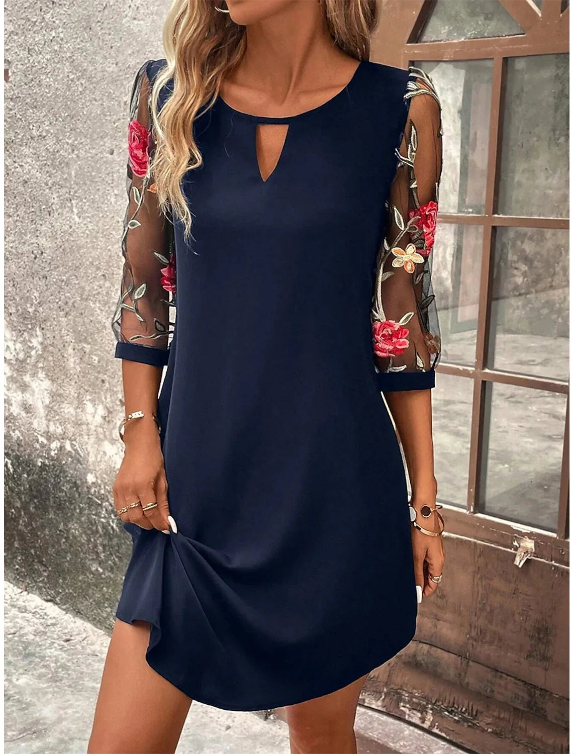 Women Perspective Printed Mid Sleeve Round Neck Dress