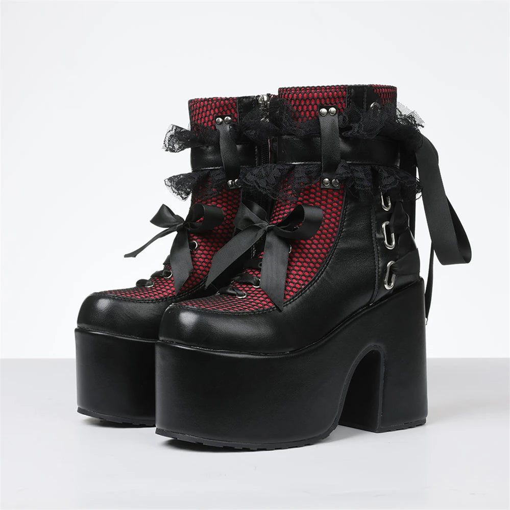 Y2k Gothic Short Boots Women Platform Chunky High Heels Bow Lace Decor Punk Fashion Women'S Ankle Boots Halloween Shoes Autumn W