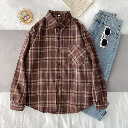 Plaid Shirts Vintage Long Sleeve Oversize Button Up Shirt