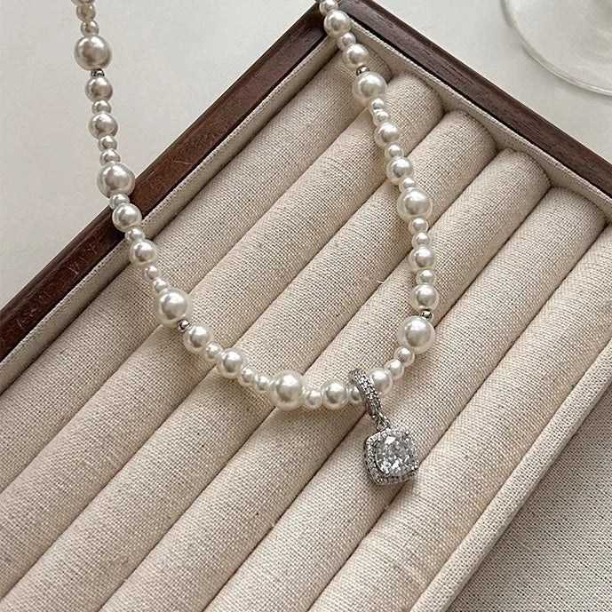 Sterling Silver Zircon Pearl Square Pendant Necklace For Women