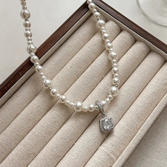 Sterling Silver Zircon Pearl Square Pendant Necklace For Women