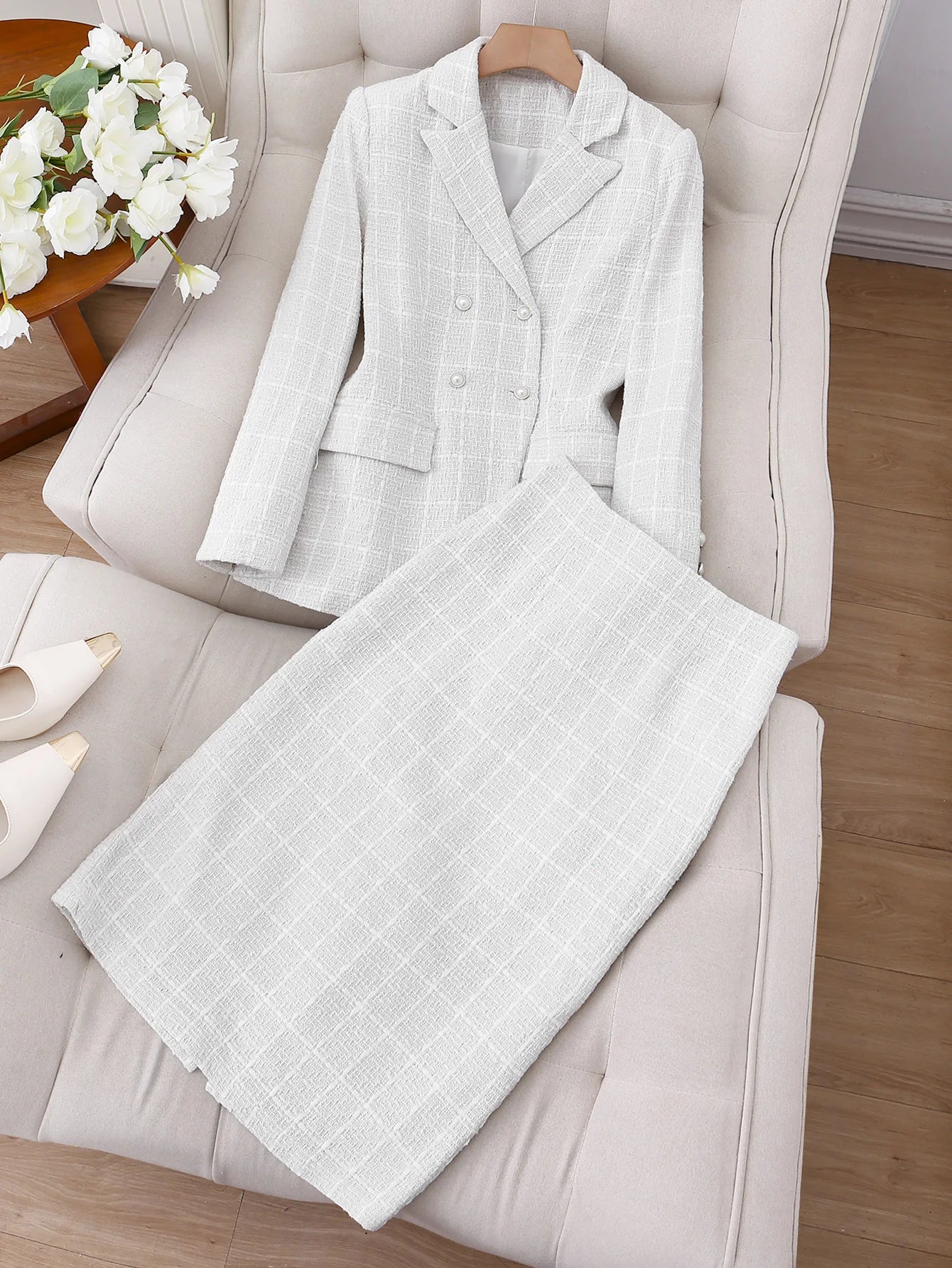 Women Regular Fit Lapel Collar Jacket And Skirt Suit Set