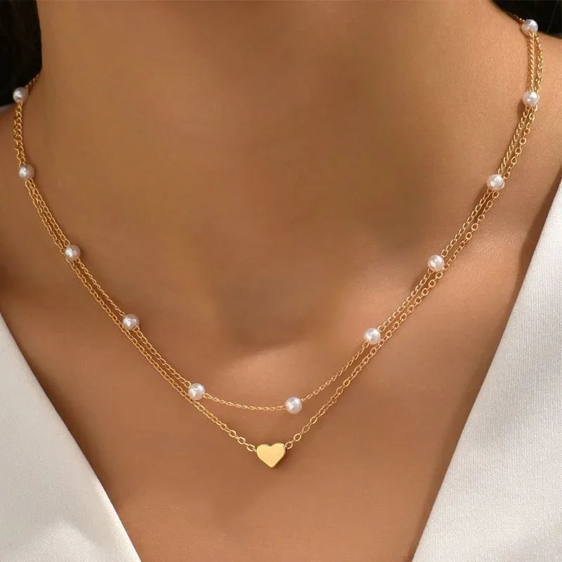 3Pcs Pearl Necklace Set 14K Gold Love Heart Pendant Jewelry