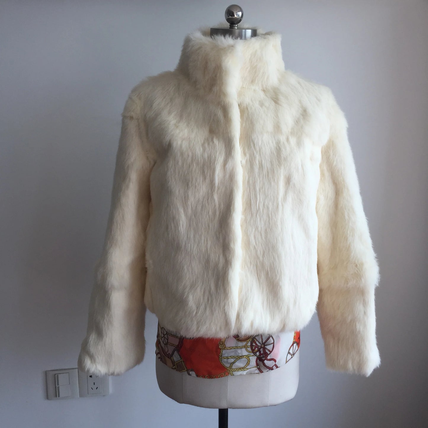 Tonfur Mandarin Collar Rabbit Fur Patchwork Coat For Women