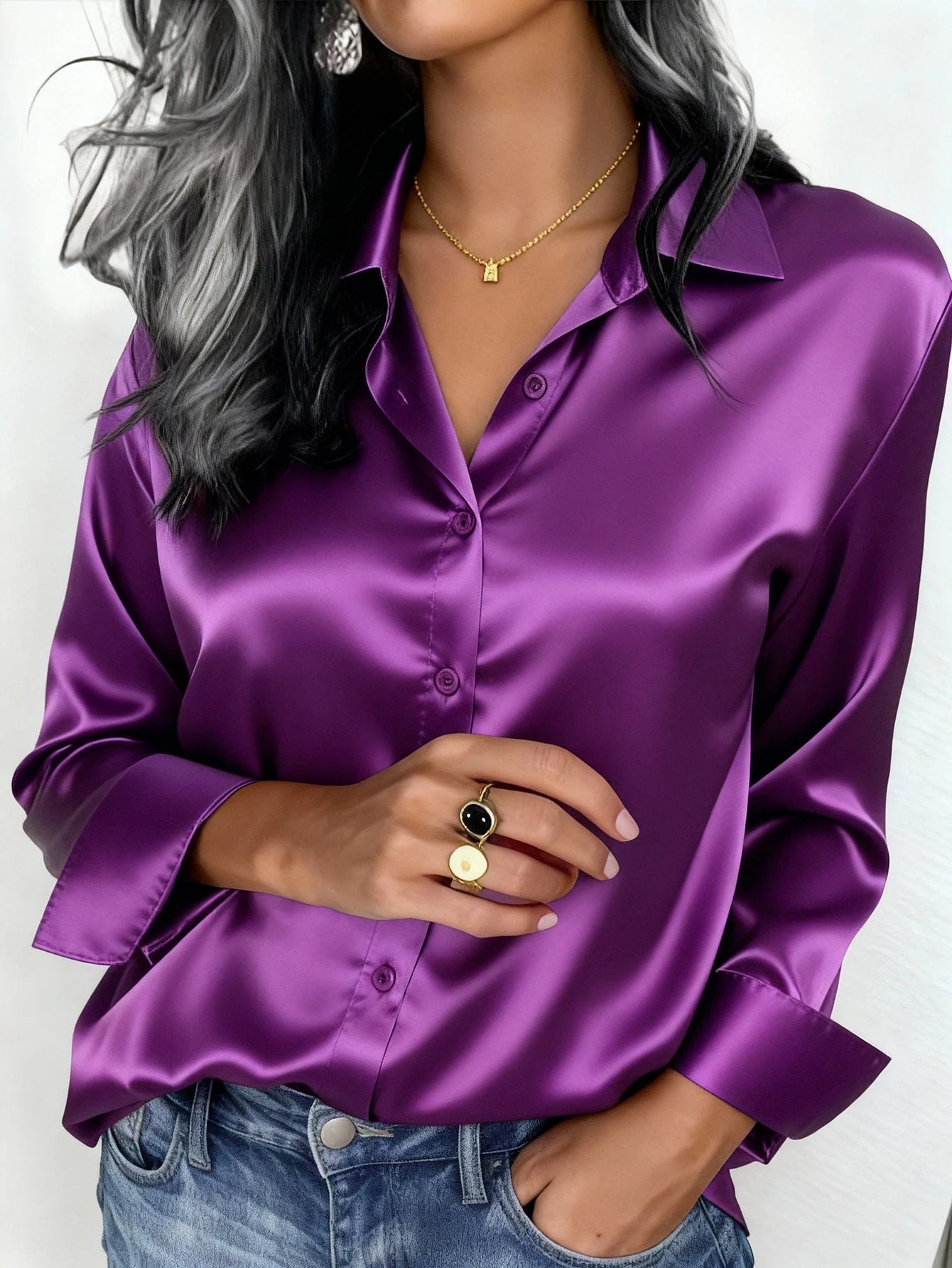 Elegant Satin Button Up Blouse For Office Or Casual Wear
