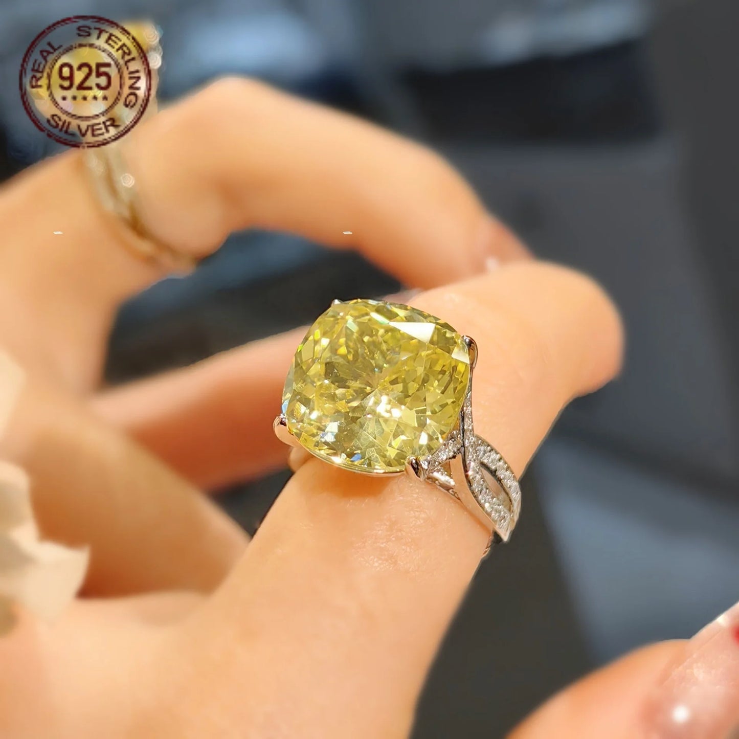 WPOOCC Cushion Cut Zircon Engagement Ring Silver 925 For Women