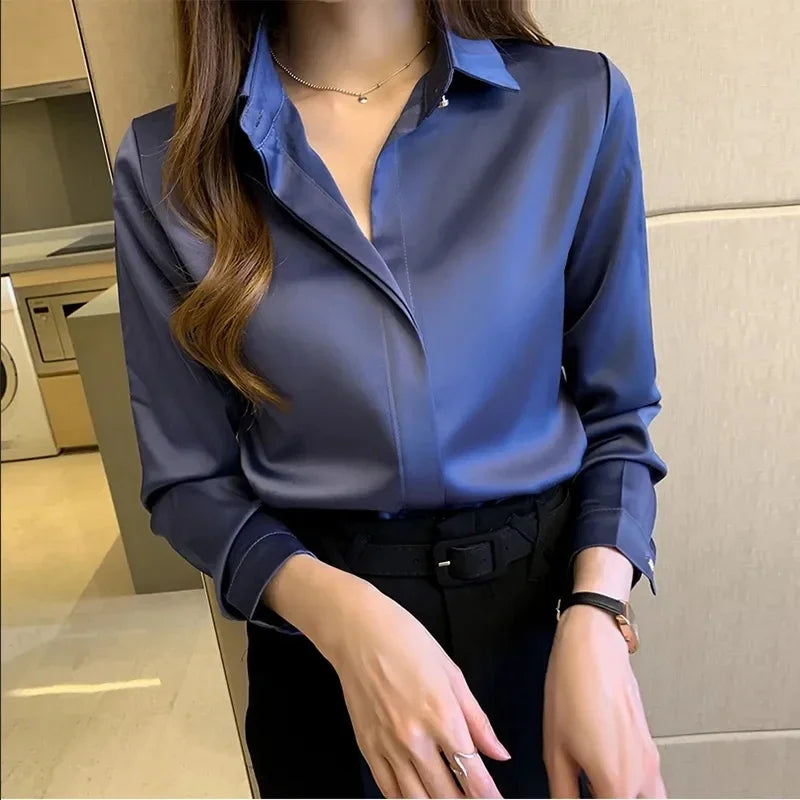 Satin Womens Shirt Long Sleeve Blouse Luxury Silk
