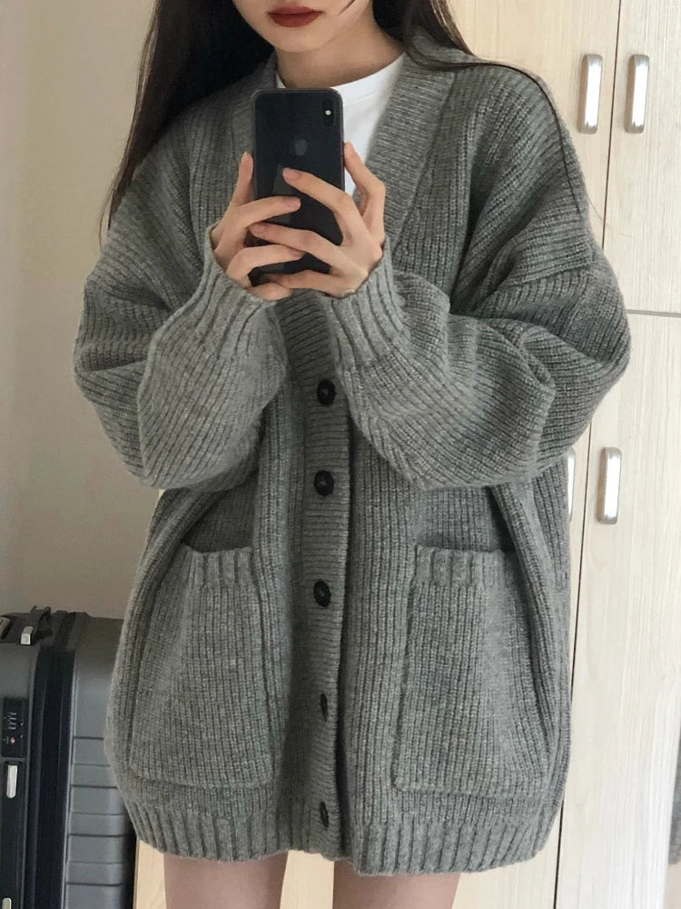 Women Cardigan Sweater Loose V Neck Jacket