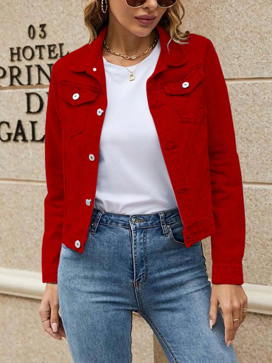 Womens Denim Jacket With Single Button Pockets Casual Everyday Wear