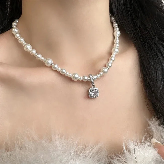 Sterling Silver Zircon Pearl Square Pendant Necklace For Women