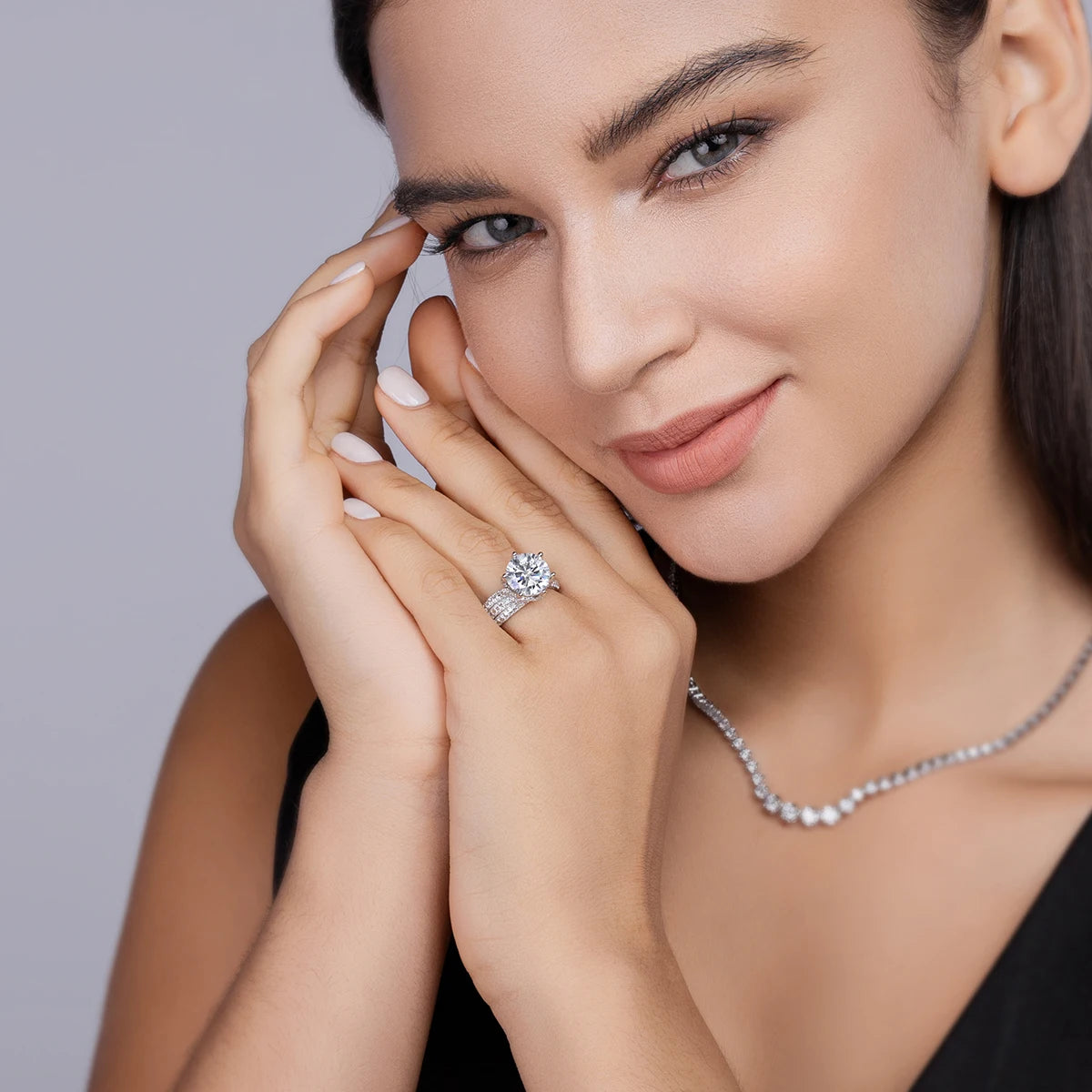 Moissanite Engagement Ring 5CT S925 Silver Round Stones Claw Setting