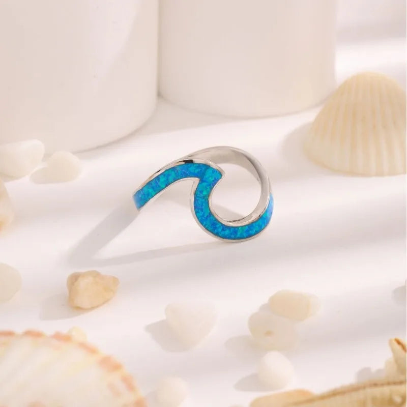 NONECN 925 Silver Epoxy Opal Blue Line Womens Ring Elegant