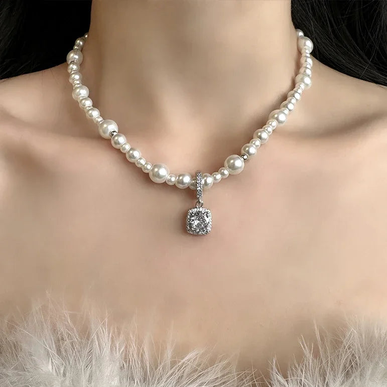 Sterling Silver Zircon Pearl Square Pendant Necklace For Women