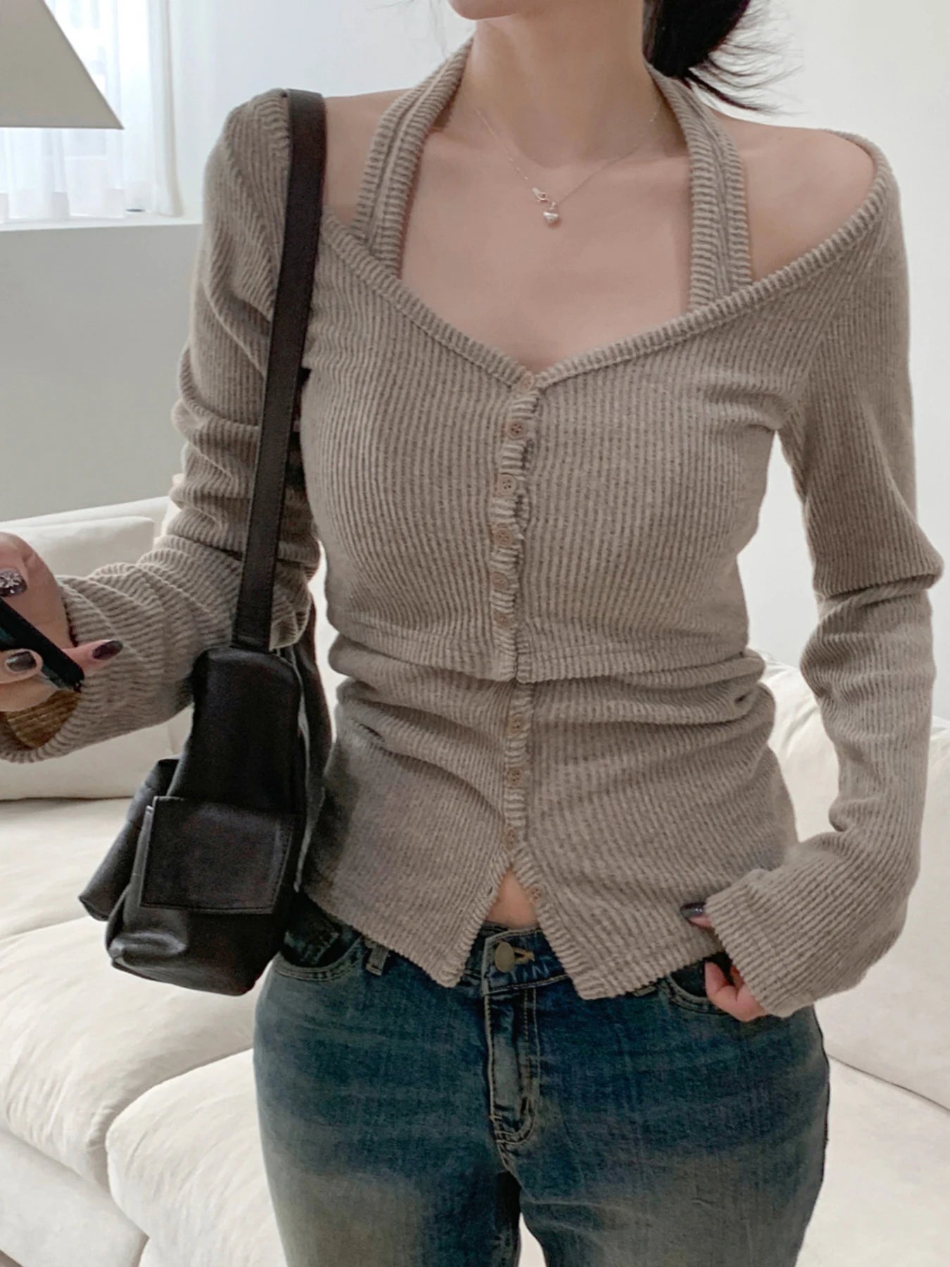 Sweetown Women's Halter Top and Long Sleeve Blouse Set