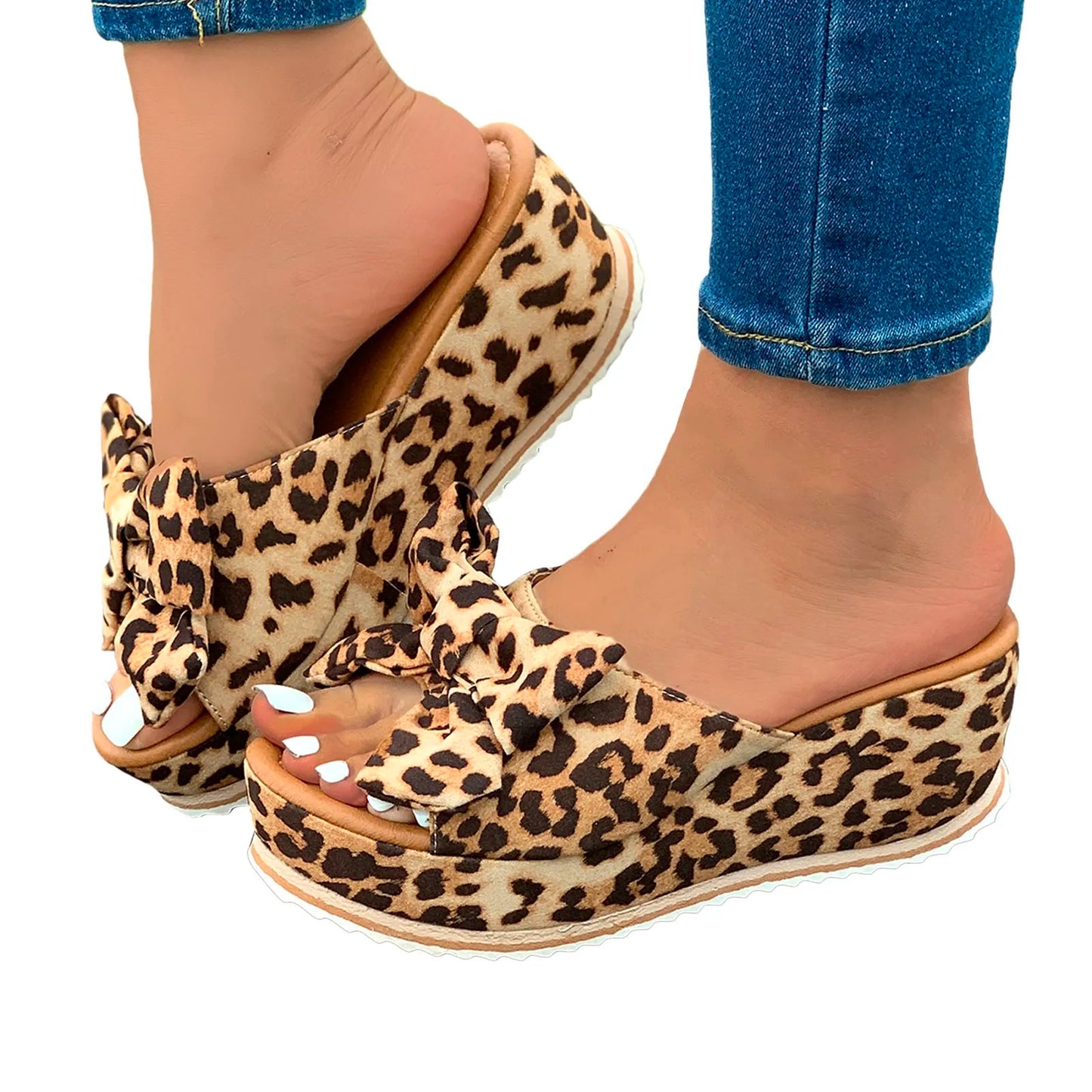 Women Shoes Summer Fashion Modern Slippers Outdoor Simple Princess Beach Slippers Women Bow Tie Wedge Leopard Ladies Shoes