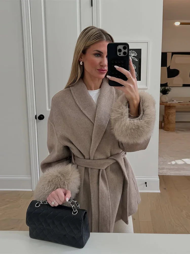 Chin.Sweety Women Chic Lapel Plush Faux Fur Coat With Belt