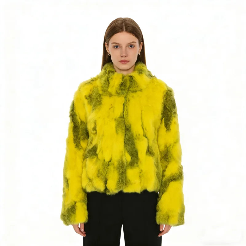 Tonfur Mandarin Collar Rabbit Fur Patchwork Coat For Women